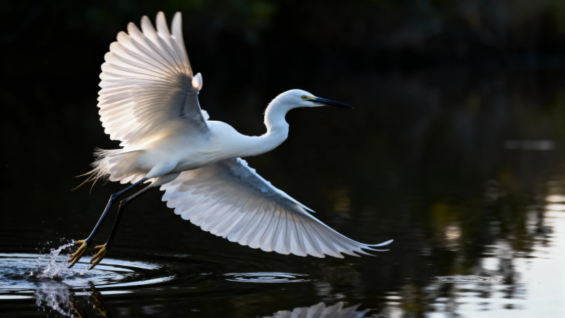 白鹭展翅掠水飞图片