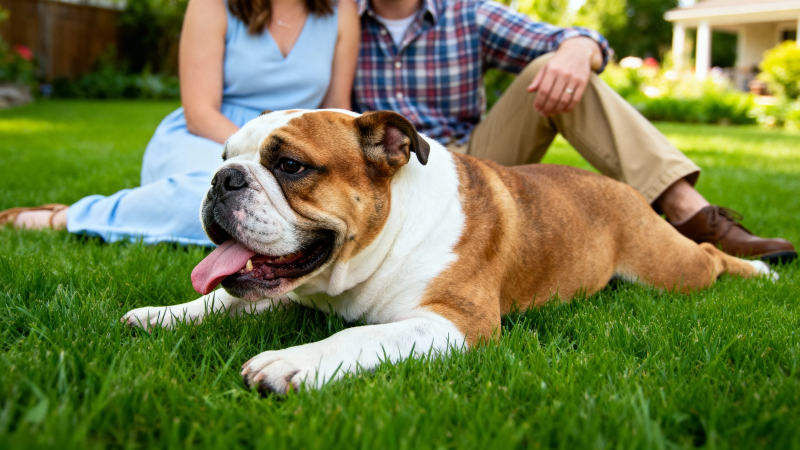 草坪上的斗牛犬与主人图片