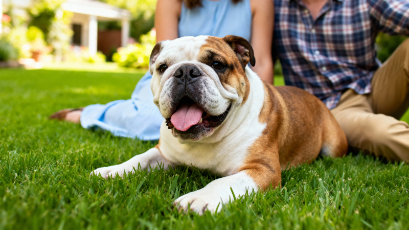 草坪上的快乐斗牛犬图片
