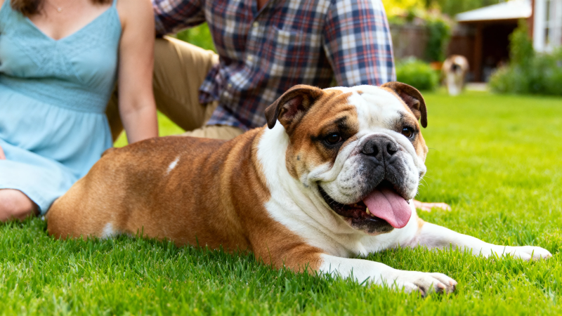 草坪上的快乐斗牛犬图片