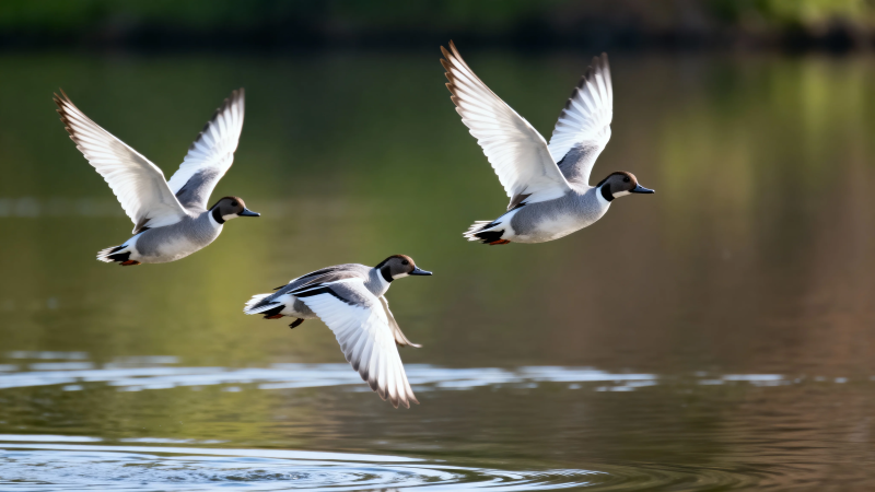 三只野鸭低飞掠水而过图片