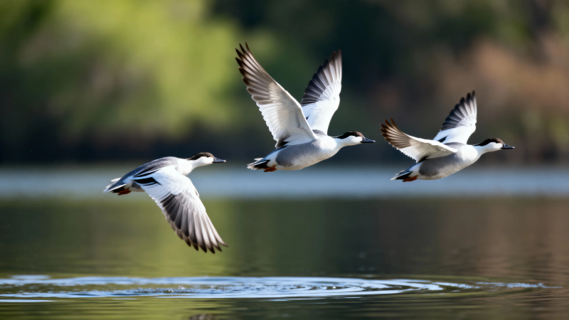 三只白鸭掠水飞图片
