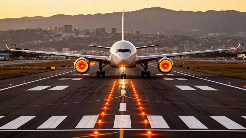 夕阳下飞机跑道起飞瞬间图片