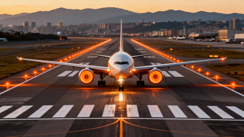 夕阳跑道 飞机待飞图片