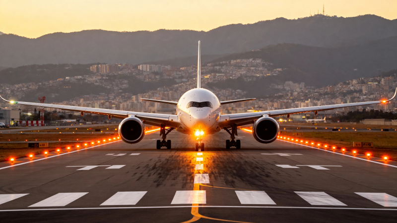 夕阳跑道 客机待飞图片