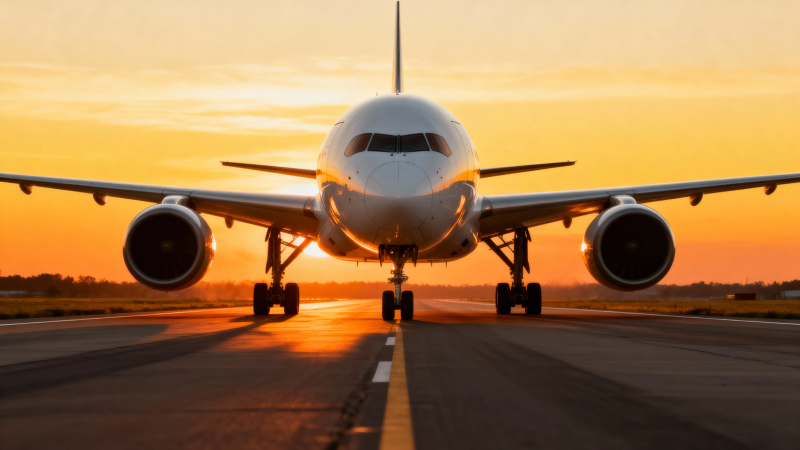 夕阳下的飞机跑道剪影图片