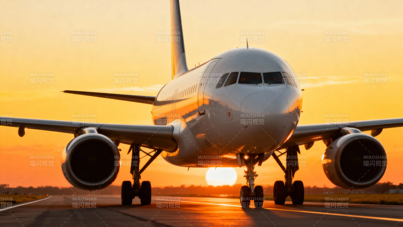 夕阳下的客机 runway 起降图片