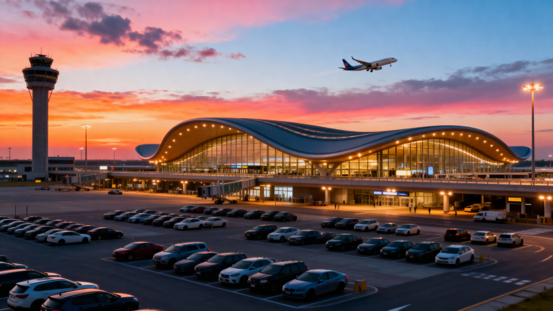 夕阳下的机场航站楼图片