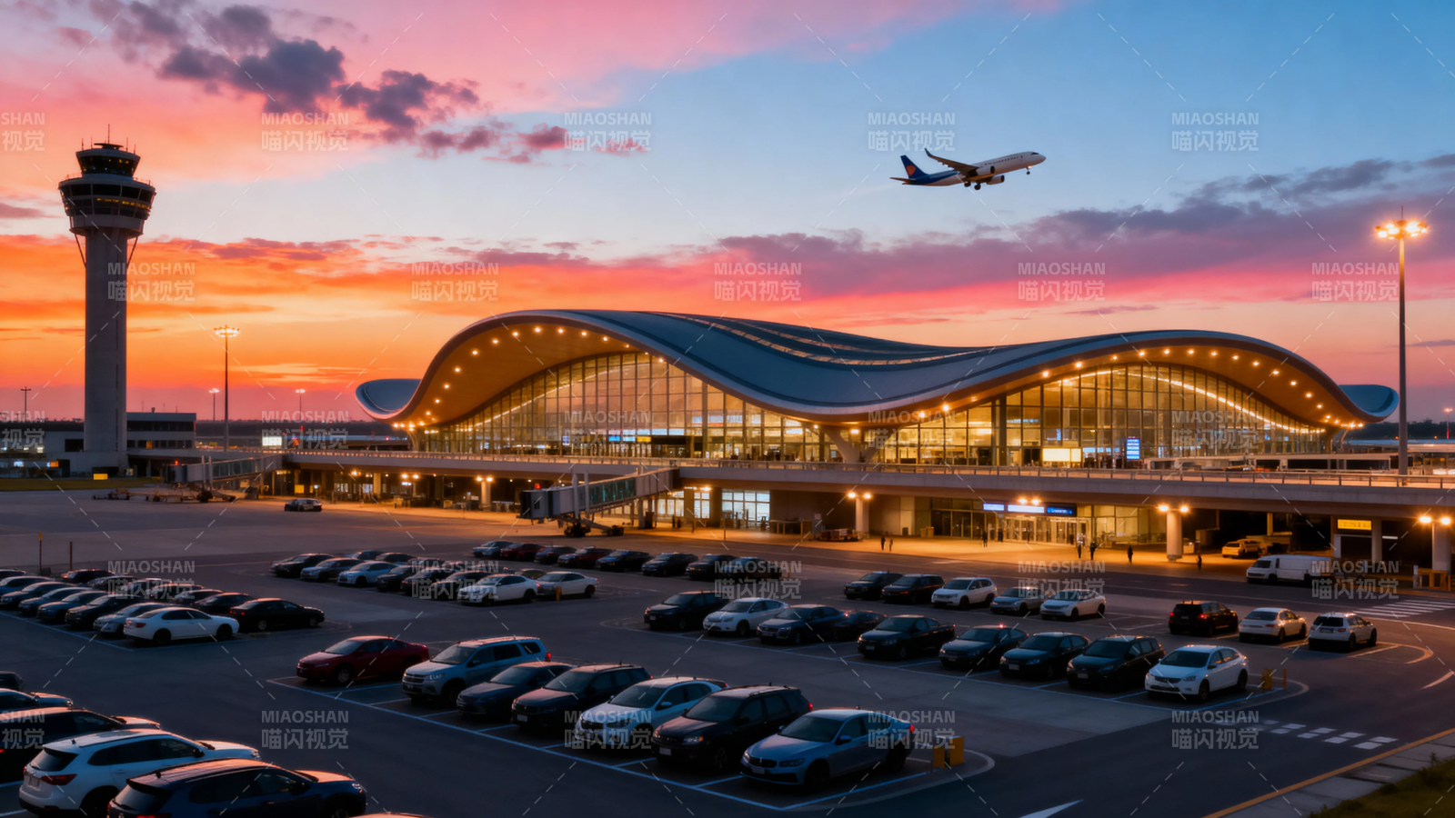 夕阳下的机场航站楼图片