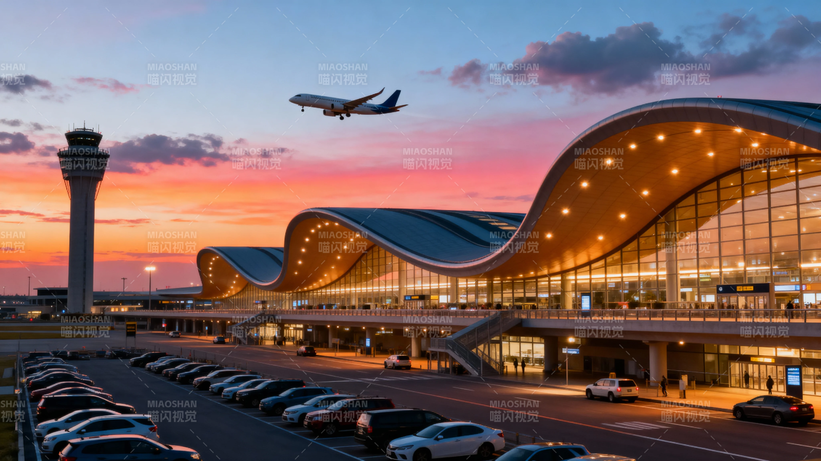 夕阳下的现代机场航站楼图片