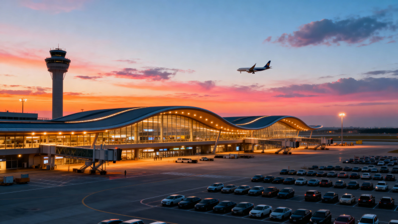 夕阳下的机场航站楼与飞机图片