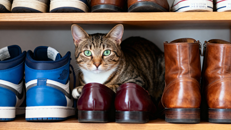 猫藏鞋柜 绿眸盯镜头图片