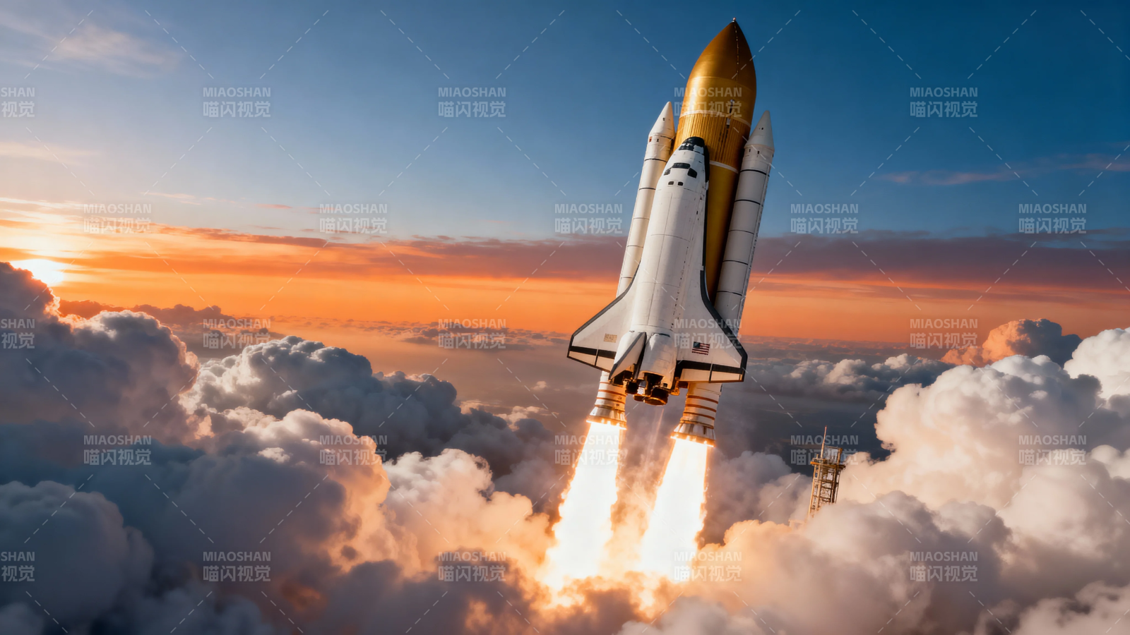 火箭破云升空 霞光万丈图片