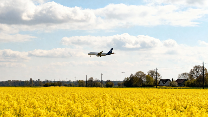 飞机掠过金黄油菜花田图片