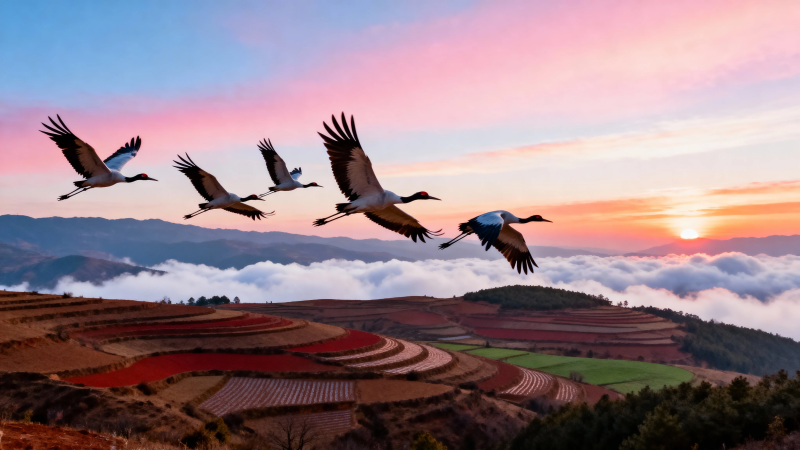 鹤舞梯田 霞光云海间图片