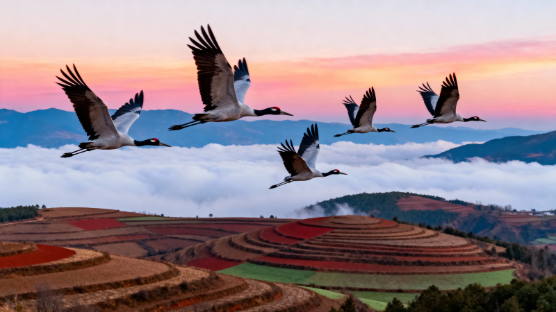 鹤舞梯田霞满天图片
