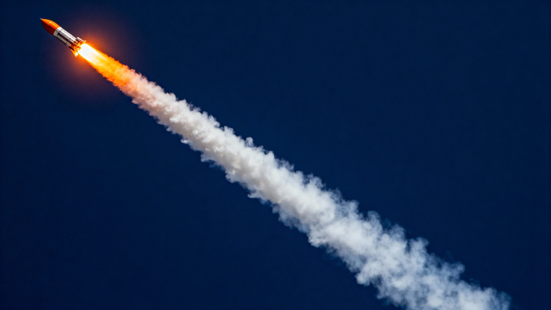 火箭升空 尾焰划破深蓝夜空图片