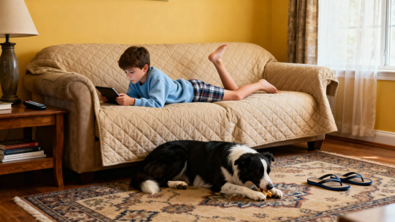 男孩躺沙发玩平板 狗趴地毯图片