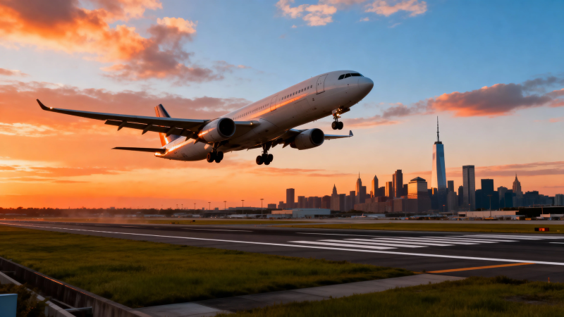 夕阳下飞机起飞 城市剪影美图片