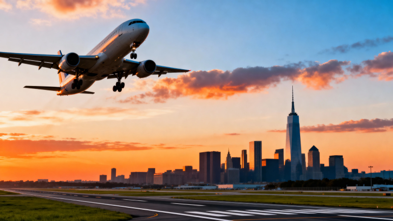 飞机起飞 城市剪影映晚霞图片