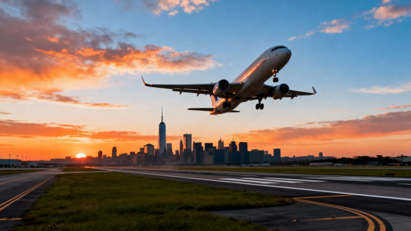 夕阳下飞机起飞掠城市图片