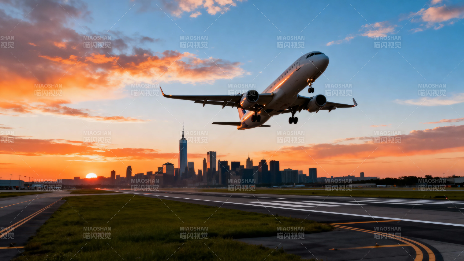夕阳下飞机起飞掠城市图片