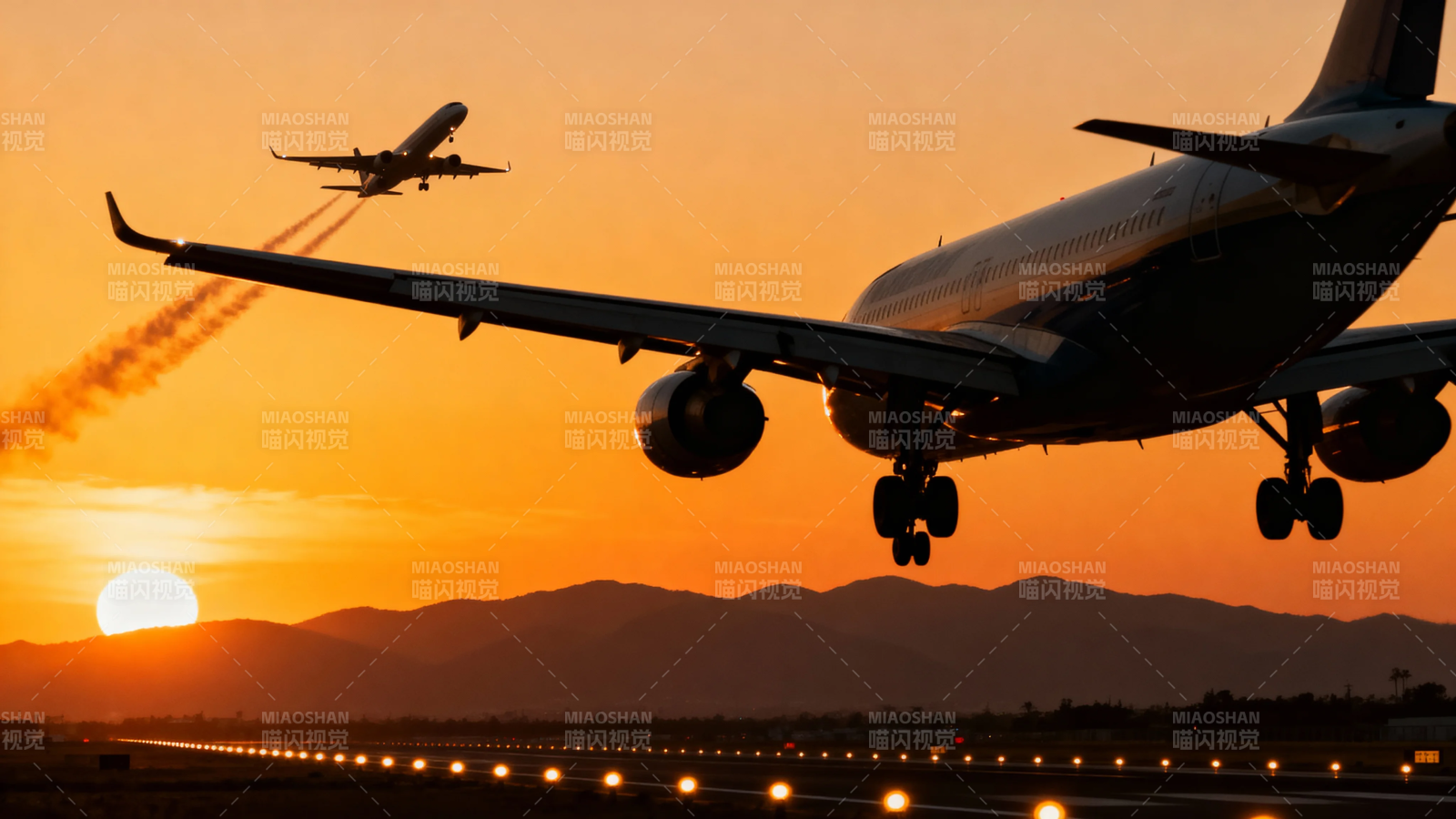 夕阳下飞机起降剪影图片