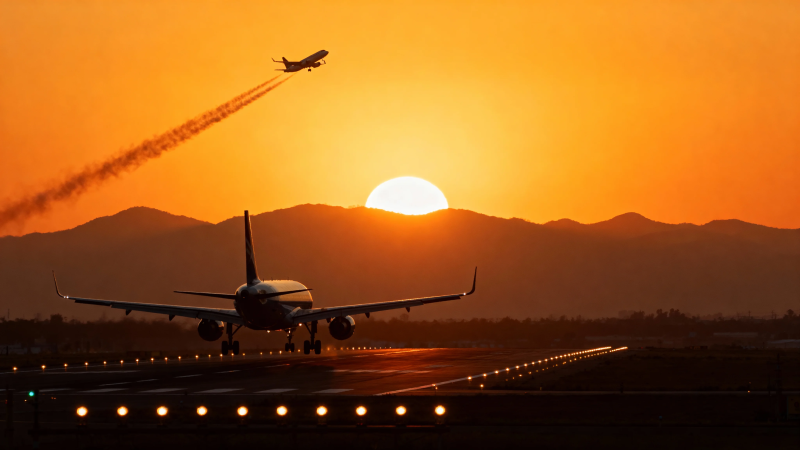 夕阳下的飞机起降剪影图片