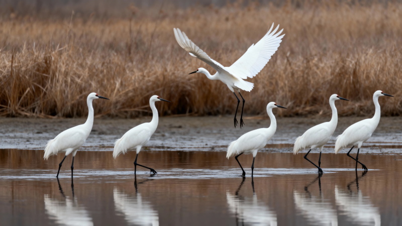 白鹭涉水 一鸟展翅飞图片
