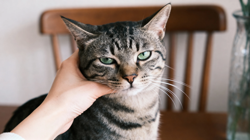 手抚虎斑猫 绿眸温柔凝视图片