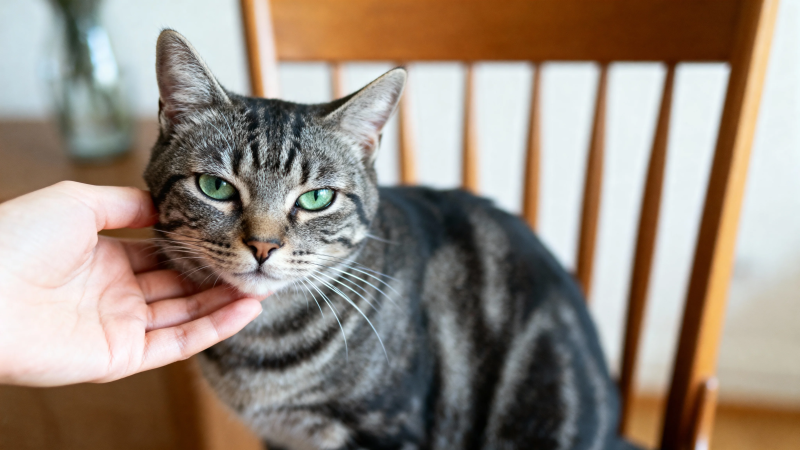 人手轻抚绿眼虎斑猫图片