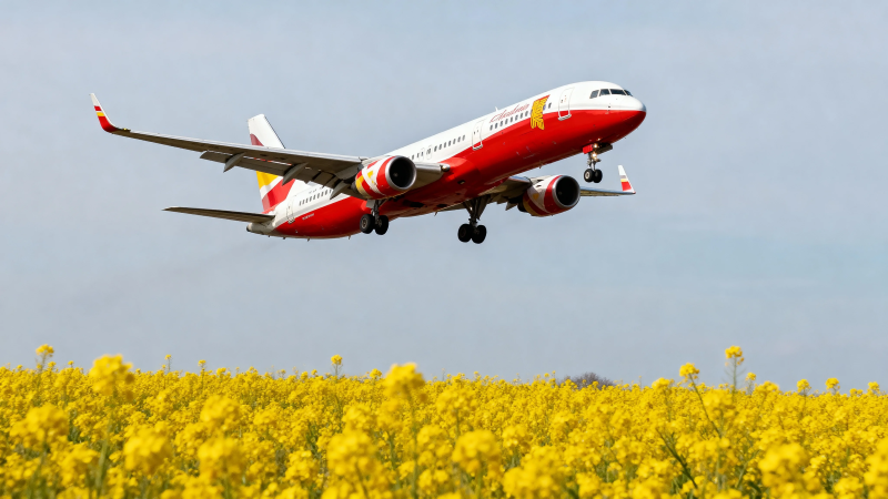 红白客机掠过金黄花海图片