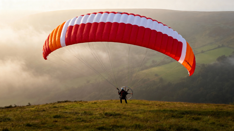 动力伞起飞 晨光映山野图片