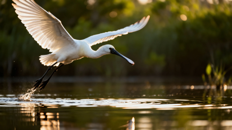 白鹭展翅掠水飞图片
