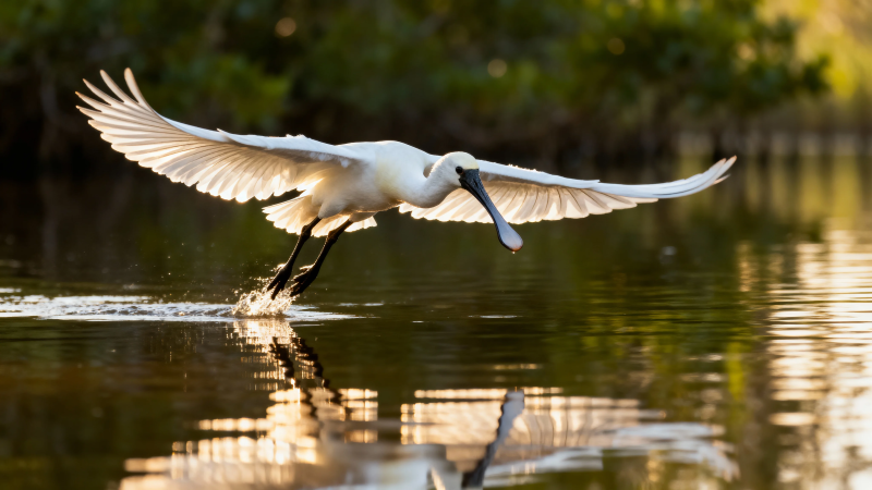 白琵鹭展翅掠水飞图片