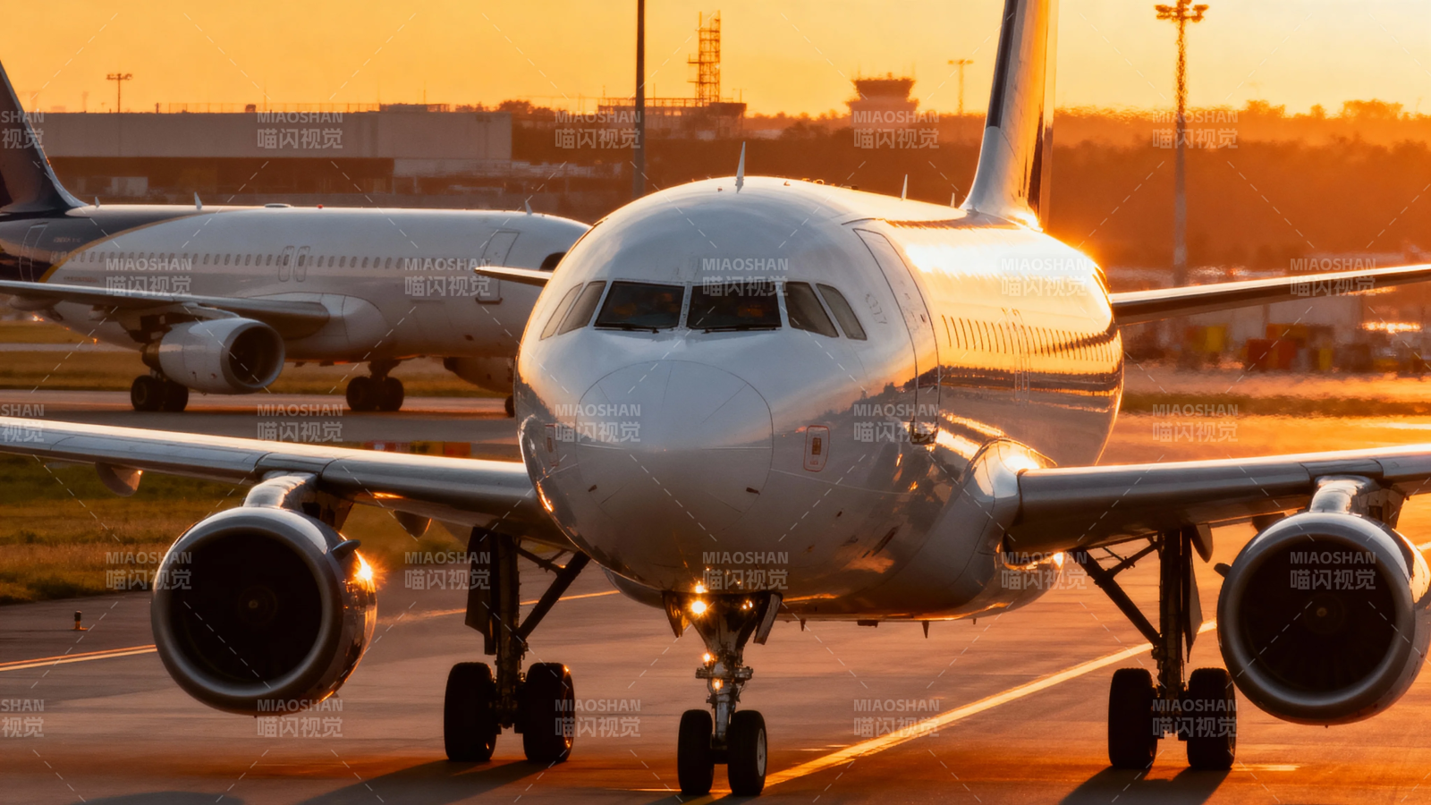 夕阳下的机场客机群图片
