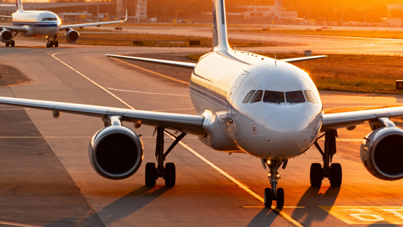 夕阳下的机场客机滑行图片