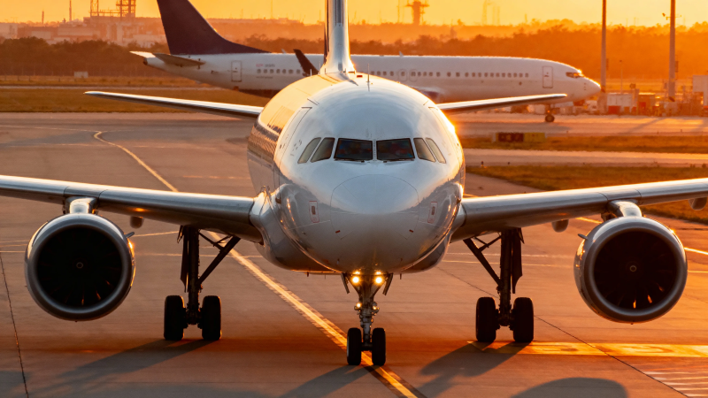 夕阳下的机场飞机特写图片