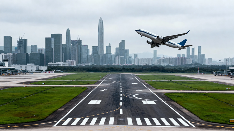 飞机起飞 城市天际线背景图片