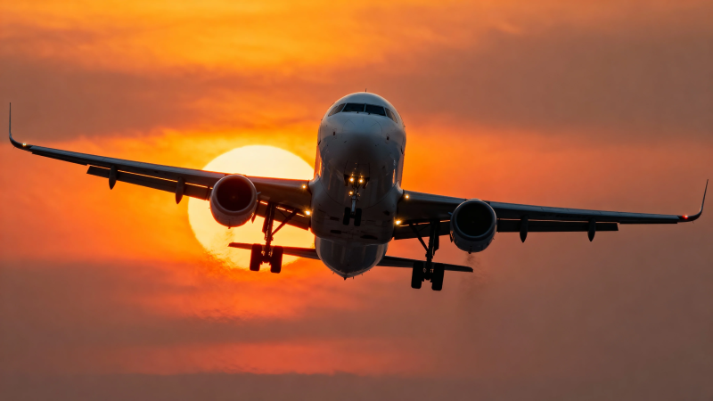 夕阳下飞机降落剪影图片