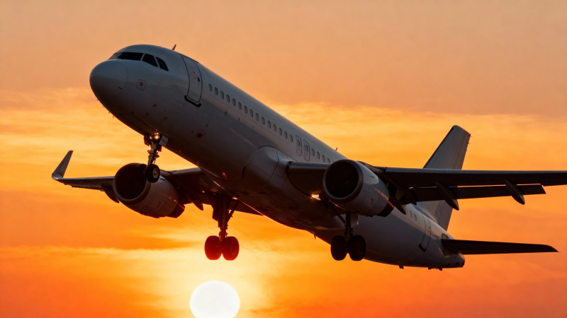 夕阳下飞机起飞剪影图片