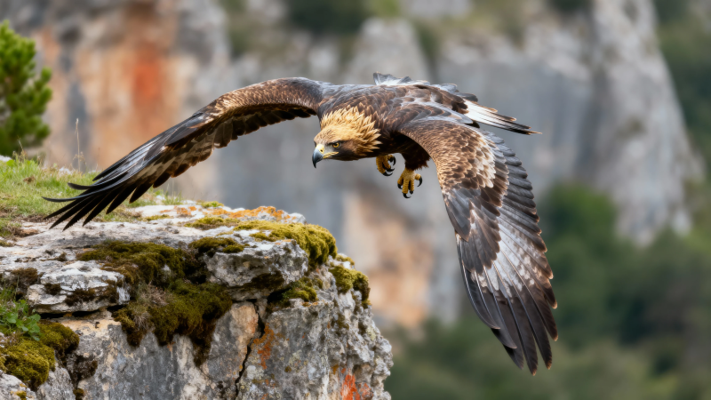 金雕展翅掠岩壁图片