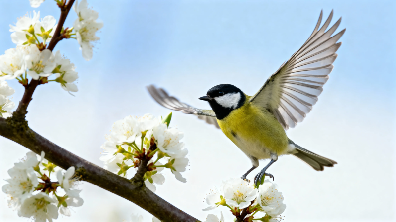 花枝间山雀展翅飞图片