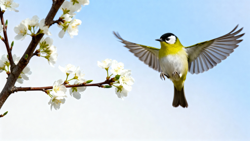 花枝旁飞鸟展翅迎春风图片