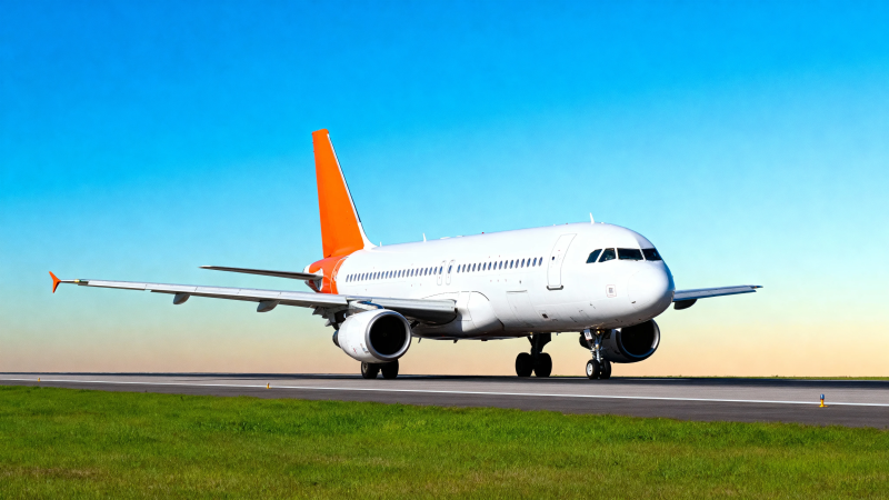 橙尾客机跑道滑行中图片