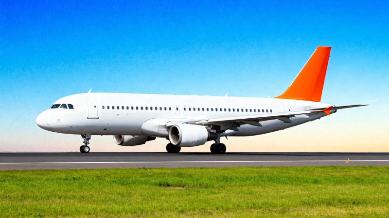 橙尾客机跑道待飞图片