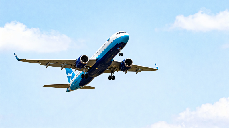 蓝白客机蓝天起飞图片