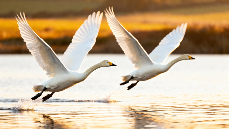 双天鹅展翅掠水飞图片