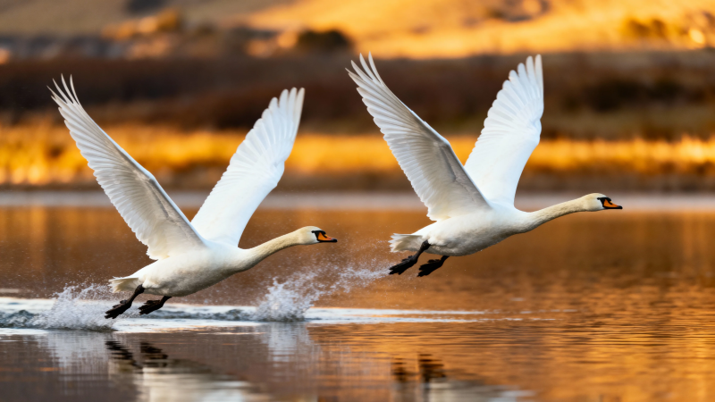 双天鹅展翅掠水飞图片