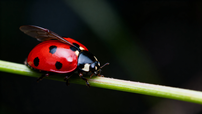 红甲虫栖绿茎 黑点映微光图片
